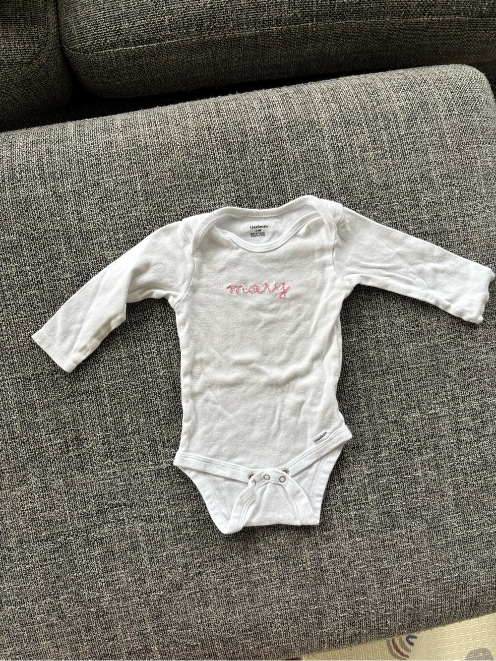 Gerber White Long-Sleeve Bodysuit with “Mary” embroidered